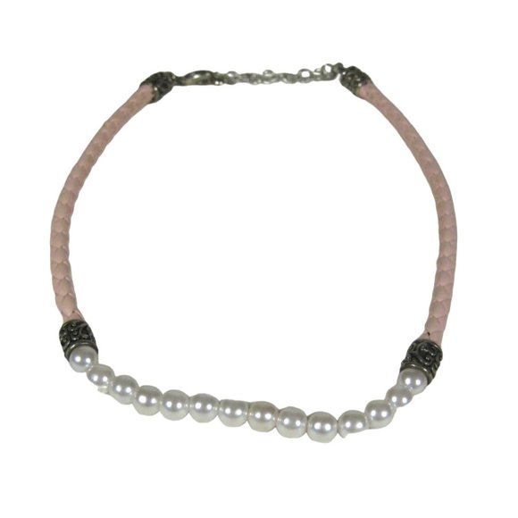 Imitation Pearl Beaded Necklace 17" Pink Braided Cord Silvertone Strand Jewelry - Picture 1 of 6